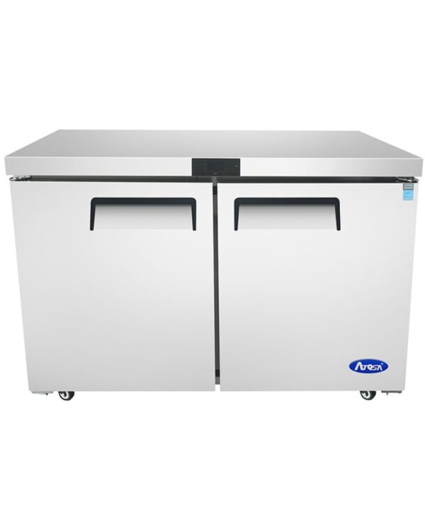Atosa MGF8402GR 48-inch undercounter refrigerator in stainless steel, two closed solid doors, front view