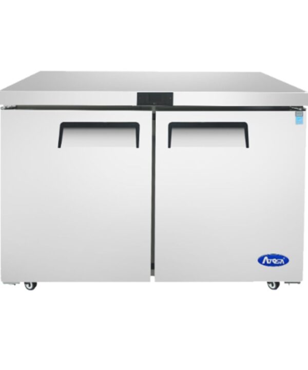 Atosa MGF8403GR 2-door undercounter refrigerator in stainless steel, front view with doors closed