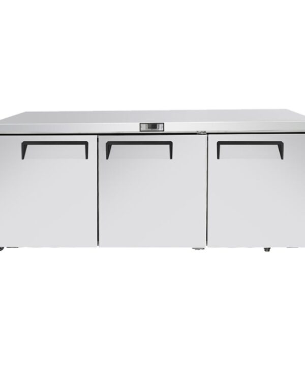 Atosa MGF8404GR 72-inch undercounter refrigerator in stainless steel, front view with three closed solid doors