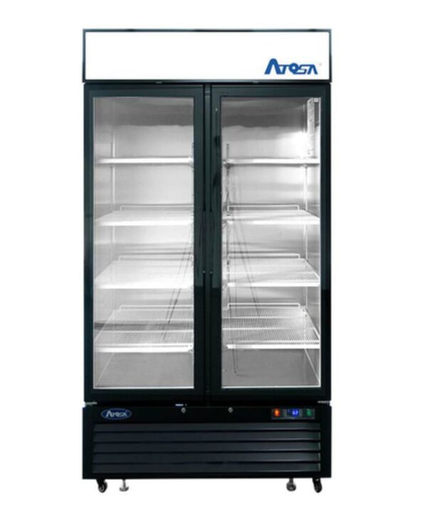 Atosa MCF8732GR two-door glass merchandiser freezer in black, front view with doors closed