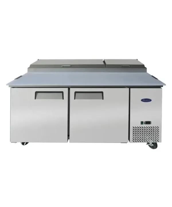 Atosa MPF8202GR 67" refrigerated pizza prep table in stainless steel, front view with cutting board and pans