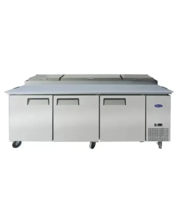 Atosa MPF8203GR 93 inch refrigerated pizza prep table in stainless steel, front view