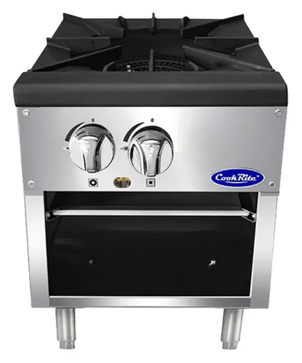 Single stock pot stove front view with cast iron burner and dual control knobs, CookRite ATSP-18-1 | Restaurant Headquarters