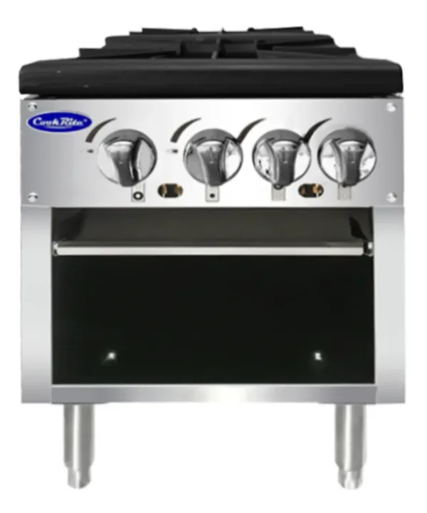 Atosa ATSP-18-2 Low Height Double Stock Pot Stove front view with stainless steel body and dual burner controls | Restaurant Headquarters