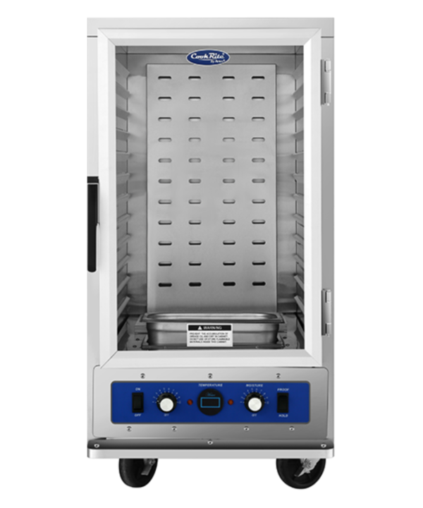 Heated holding cabinet with transparent door, adjustable temperature controls, and caster base, ATWC-9-P | Restaurant Headquarters