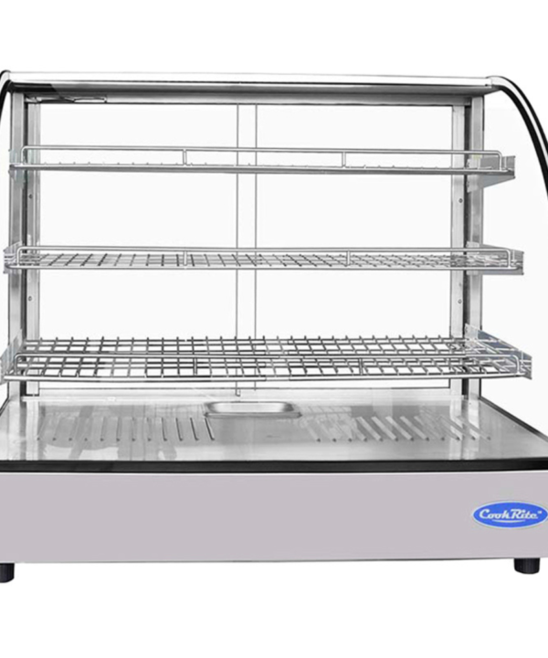 Countertop heated curved display case with stainless steel base, curved glass front, and three adjustable wire shelves for hot food merchandising | Restaurant Headquarters