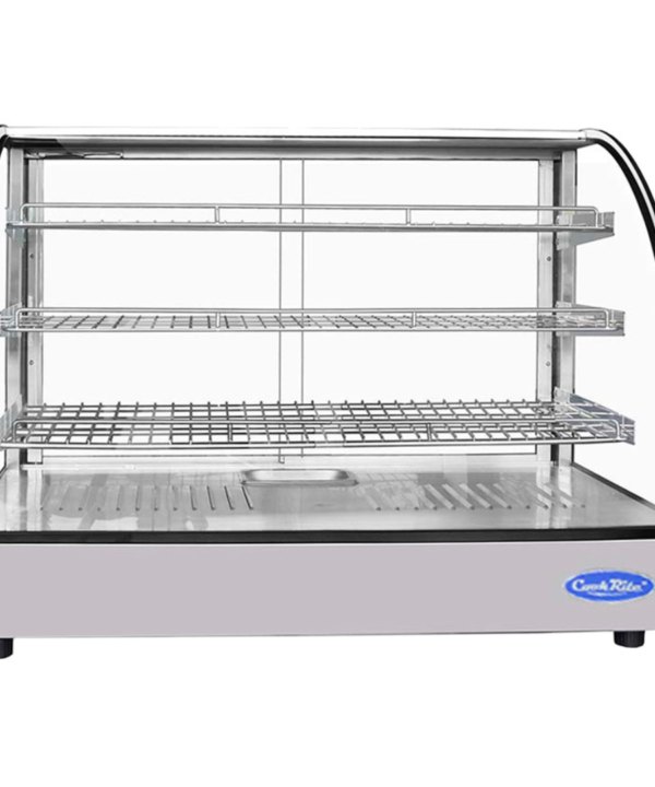 Curved heated display case with stainless steel base, curved glass front, and three wire shelves for hot food merchandising | Restaurant Headquarters
