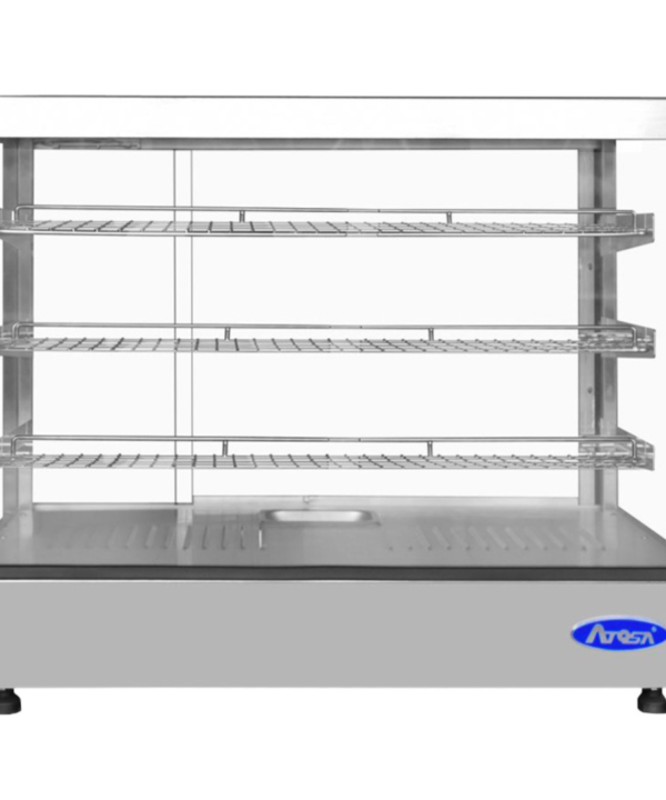 Heated square display case with three stainless steel shelves and glass panels for countertop food display, Atosa CHDS-53 | Restaurant Headquarters