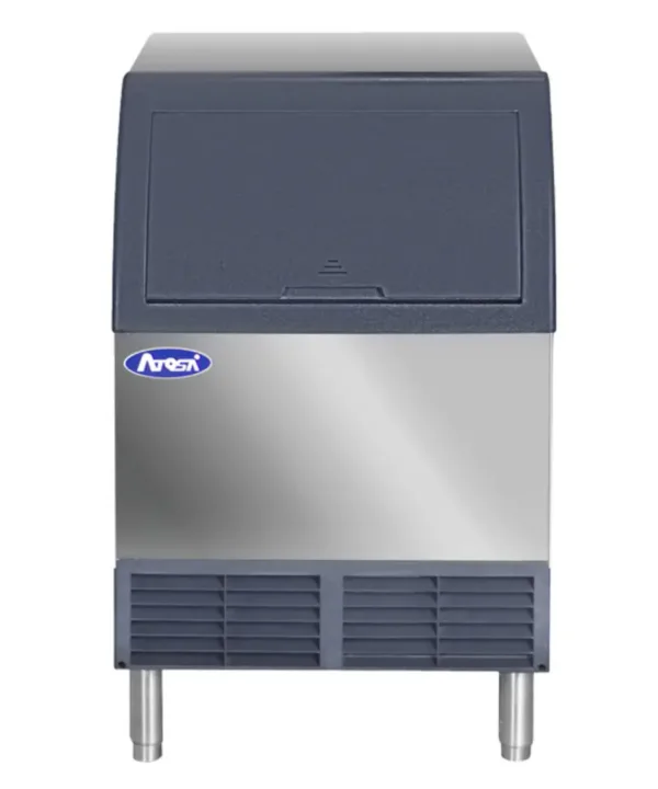 Atosa YR280-AP-161 undercounter ice maker with stainless steel exterior and blue bin door producing half-dice ice | Restaurant Headquarters