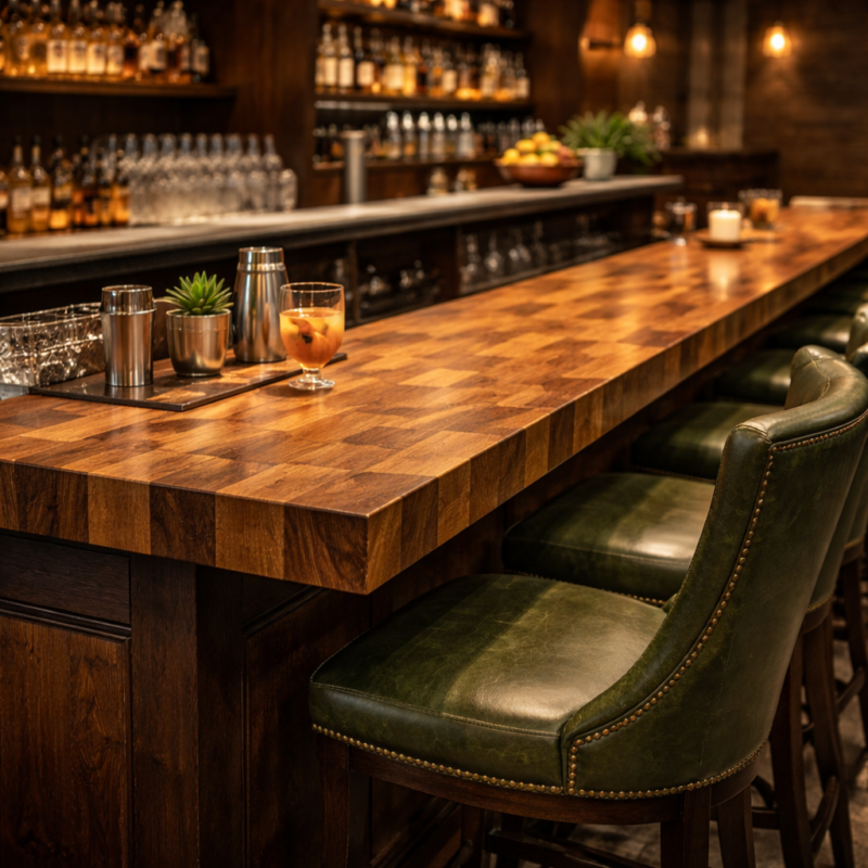 Butcher block bar countertop made of solid wood in a restaurant bar area