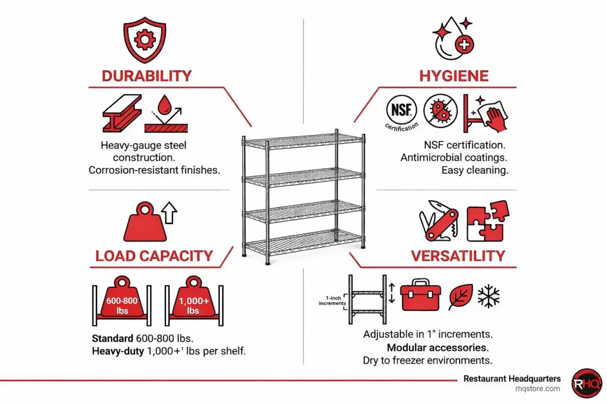 Infographic highlighting the benefits of commercial metal wire shelving, including durability, hygiene, high load capacity, and versatility for restaurant storage, walk-in coolers, and freezer environments | Restaurant Headquarters