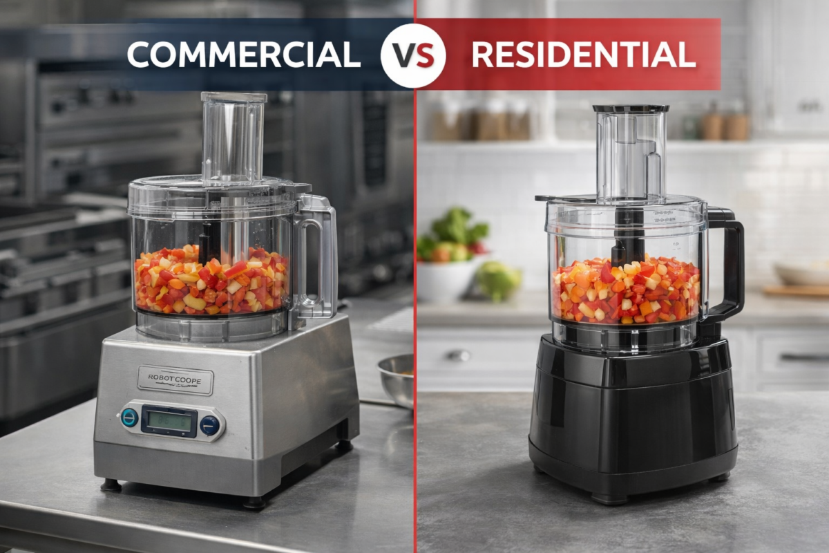 Comparison chart of commercial versus residential food processors showing durability, motor power, and capacity differences
