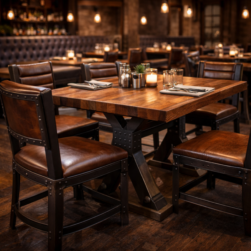 Custom millwork and metal fabrication combining wood surfaces with steel frames for restaurant furniture