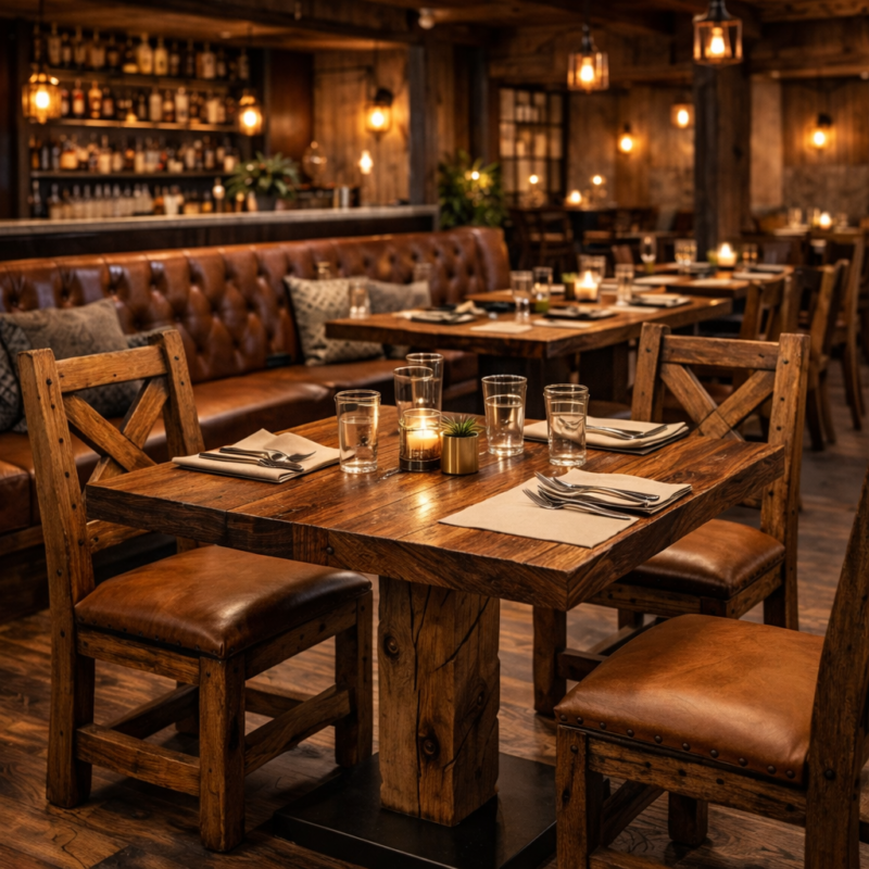 Rustic custom wood tables and chairs in a restaurant dining room