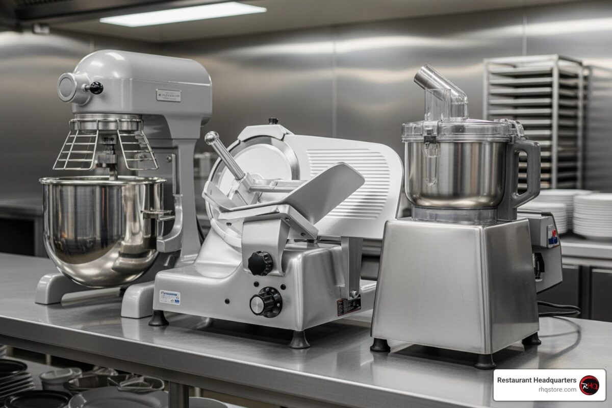 Commercial planetary mixer, meat slicer, and food processor side by side on a stainless steel counter