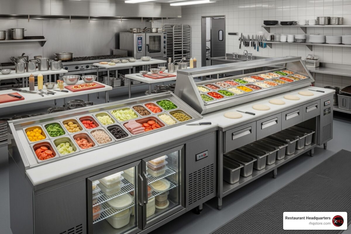 Refrigerated sandwich and pizza prep tables with cutting boards in a commercial kitchen