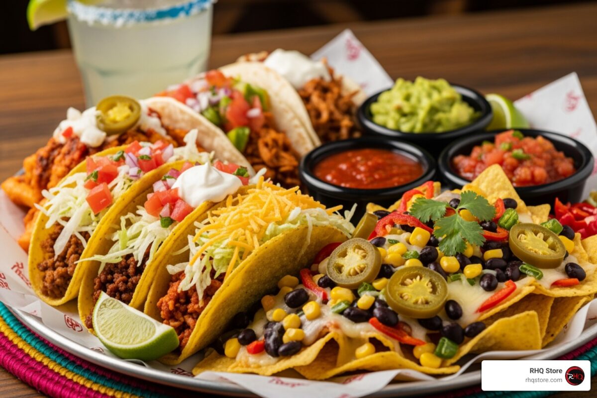 Tex-Mex food platter with a margarita in the background - restaurant supply store dallas texas Tex-Mex food platter with sizzling fajitas and a margarita in the background
