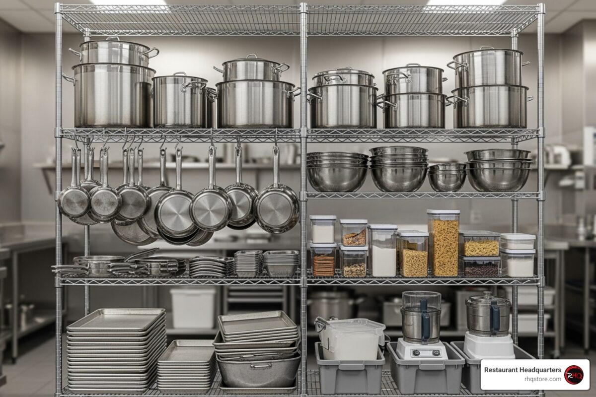 Commercial wire shelving unit loaded with pots, pans, and food containers in a restaurant kitchen