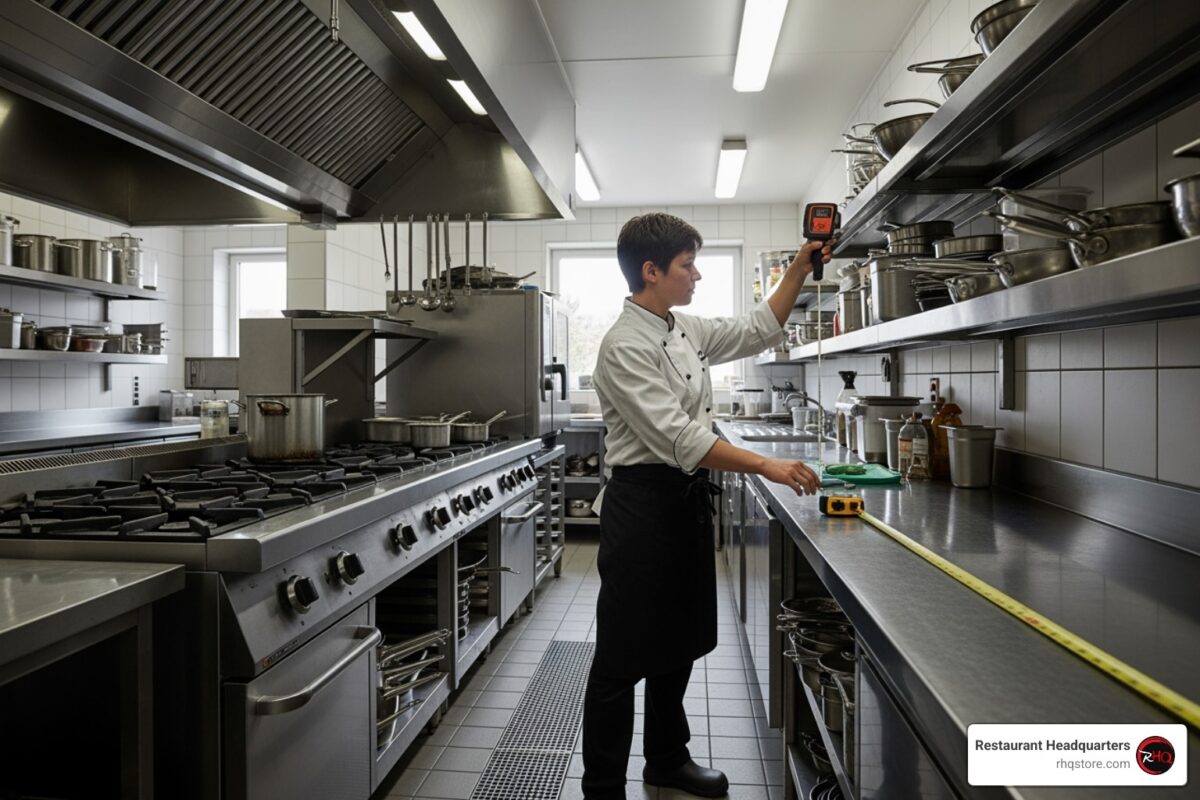 Person measuring a commercial kitchen wall for a new shelving installation