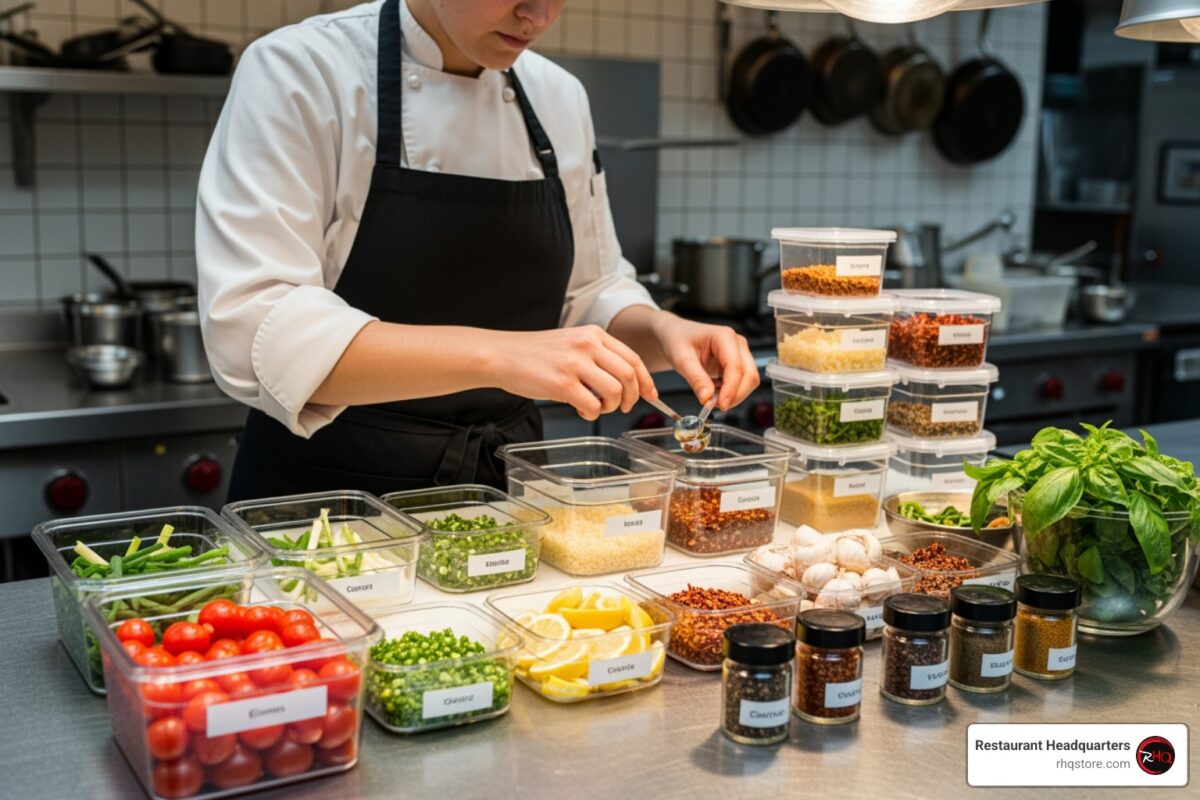 Chef organizing prepped ingredients in labeled square and round plastic food storage containers