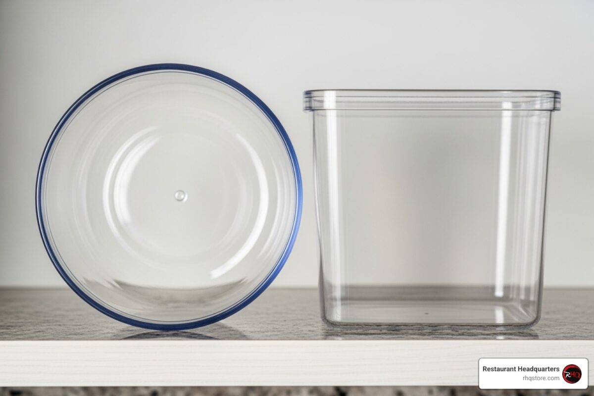 Round and square plastic food storage containers shown side by side to compare space efficiency