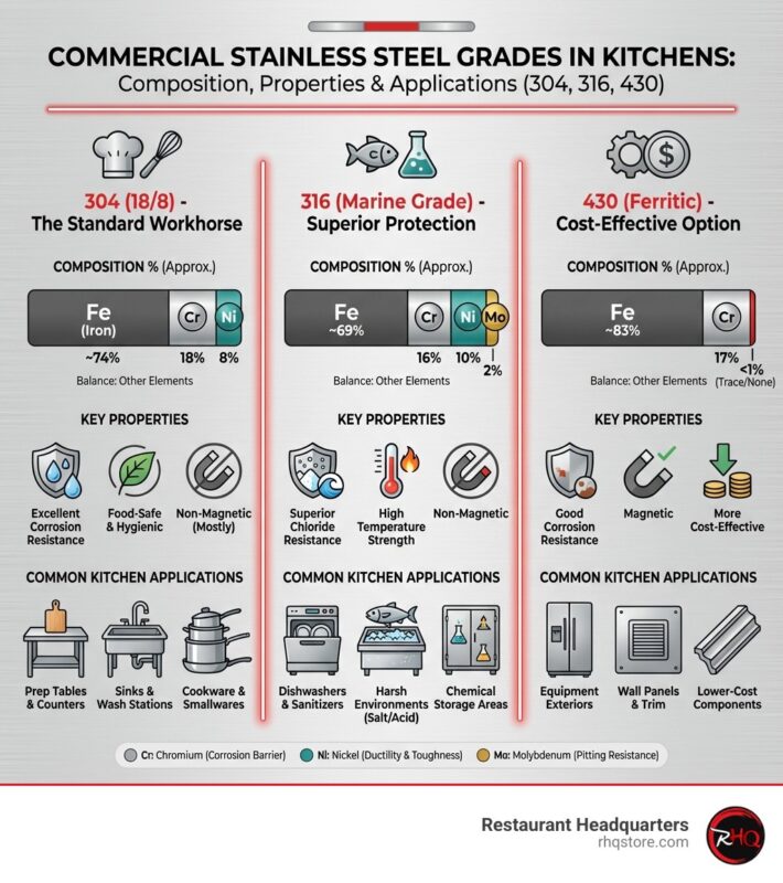 Infographic comparing the composition, properties, and common kitchen applications of 304, 316, and 430 stainless steel grades