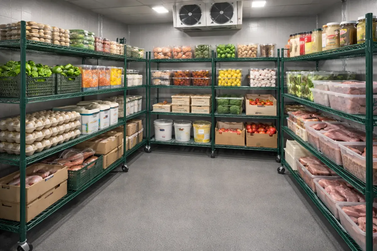Commercial metal shelving installed inside a walk-in cooler, featuring green epoxy wire shelving racks holding bulk restaurant food items, produce, and containers for cold storage | Restaurant Headquarters