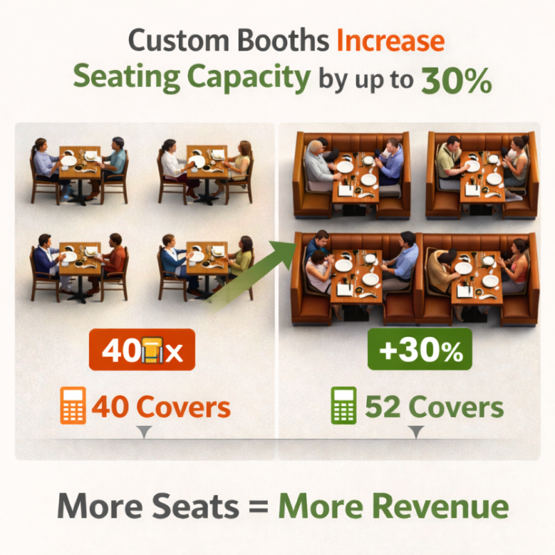 Comparison of standard restaurant tables and chairs versus booth seating showing how booths increase capacity