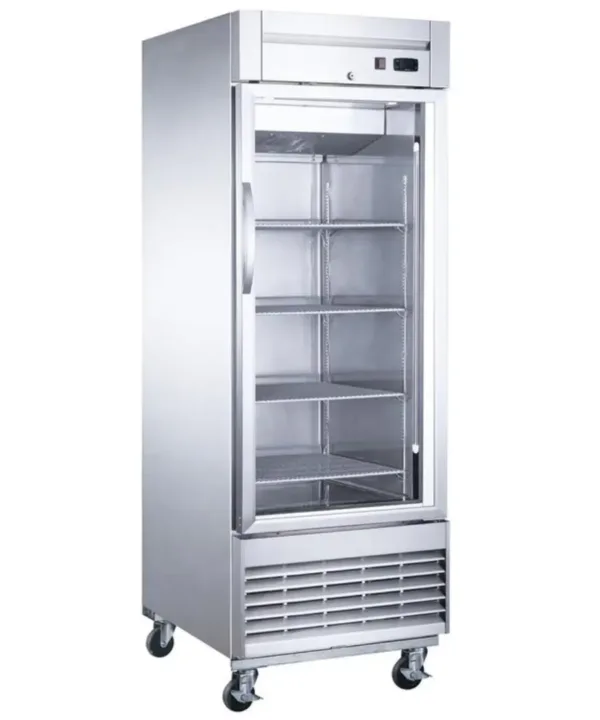 Dukers D28R-GS1 glass door reach-in refrigerator in stainless steel, left angle view