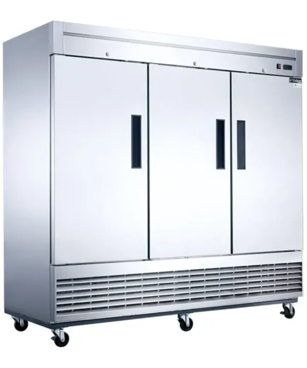 Dukers D83F 3-door reach-in freezer in stainless steel, closed doors left angle view
