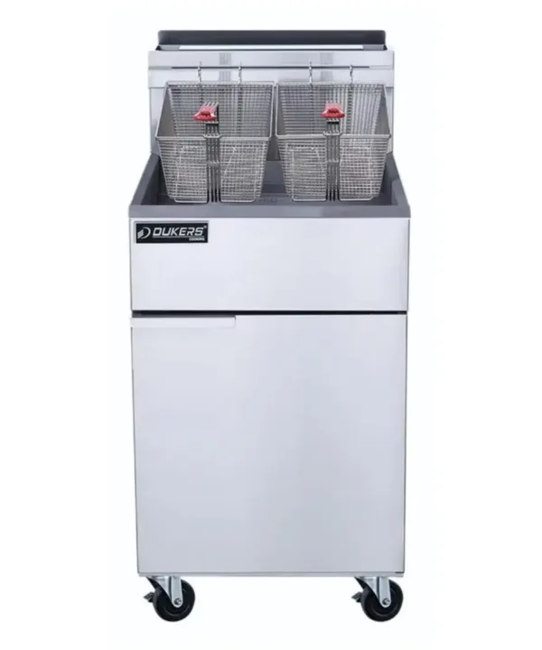 Natural Gas Fryer with dual fryer baskets and stainless steel cabinet Dukers DCF5-NG restaurant deep fryer | Restaurant Headquarters