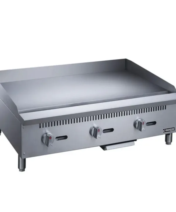 36 inch commercial gas griddle Dukers stainless steel flat top restaurant grill left angle view heavy duty cooking equipment | Restaurant Headquarters