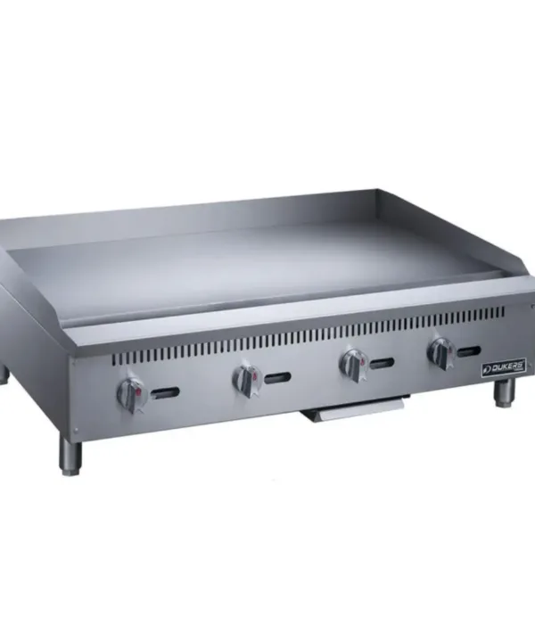 48 inch commercial gas griddle Dukers stainless steel flat top restaurant grill left angle view heavy duty kitchen equipment | Restaurant Headquarters