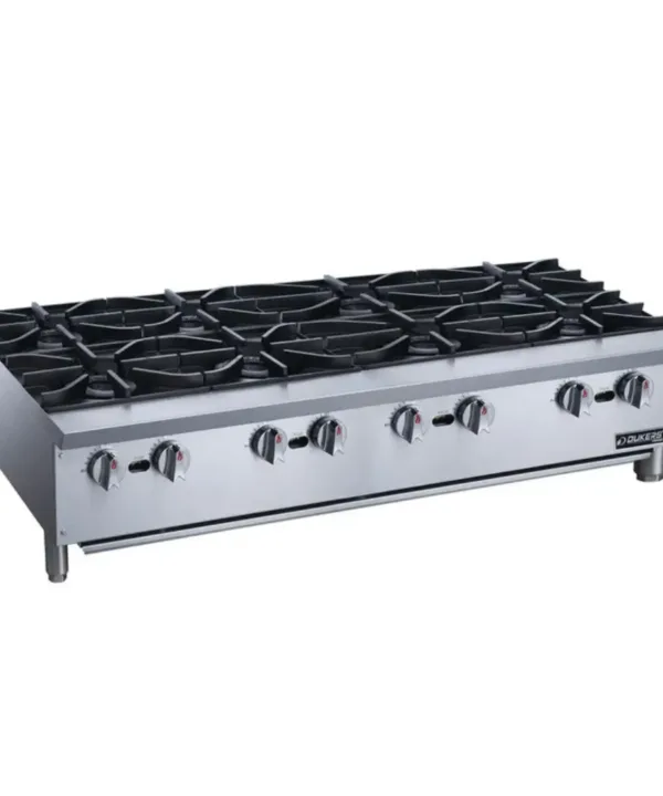 48 inch commercial gas hot plate Dukers commercial countertop stove right side angle view stainless steel restaurant equipment | Restaurant Headquarters