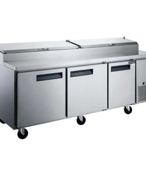Dukers DPP90-12-S3 90-inch 3-door pizza prep table refrigerator in stainless steel, front view
