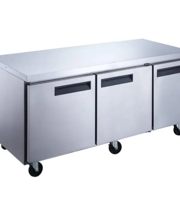 Dukers DUC72F 3-door undercounter freezer in stainless steel, front view