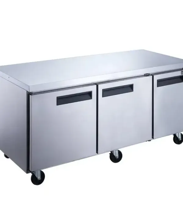 Dukers DUC72R 3-door undercounter refrigerator in stainless steel, front view with doors closed