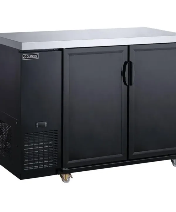 Dukers DBB48-H2 back bar cooler in black with two glass doors, front view