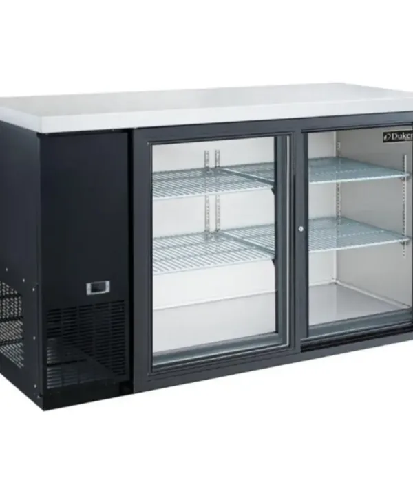 Dukers DBB60-S2 2-door back bar beverage cooler in black with sliding glass doors, front view