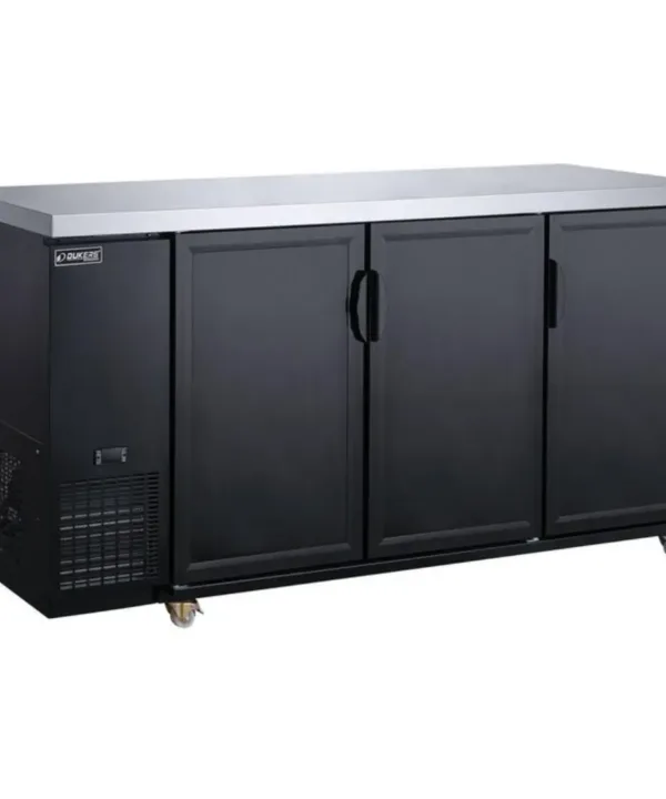 Dukers DBB72-H3 3-door glass back bar cooler in black with stainless interior, front view