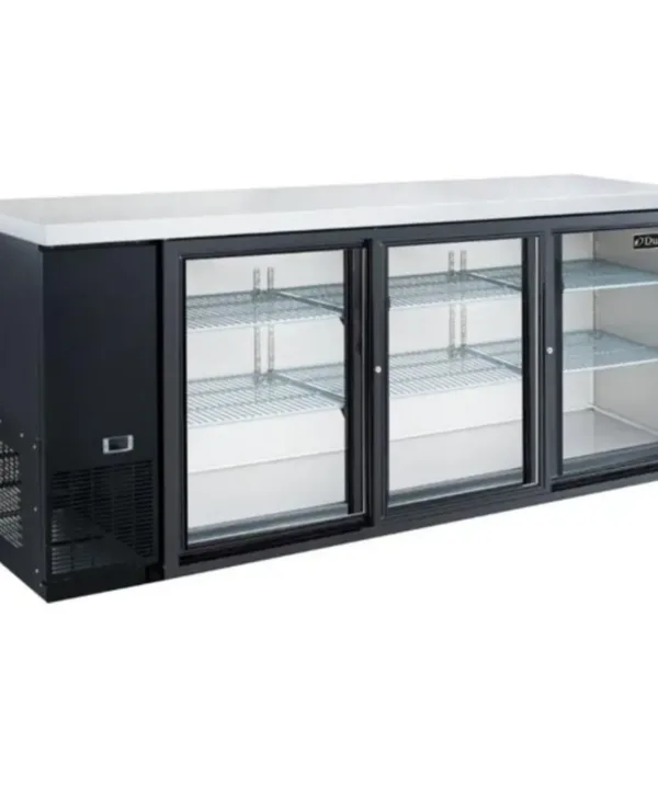 Dukers DBB72-S3 3-door back bar cooler in black, sliding glass doors, front view