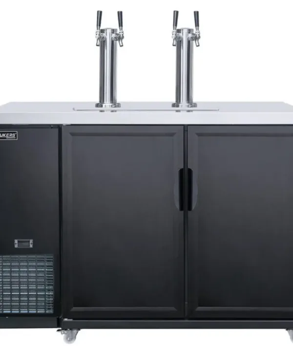 Dukers DKB48-M2 dual tap kegerator beer dispenser with two doors and stainless steel towers front view | Restaurant Headquarters