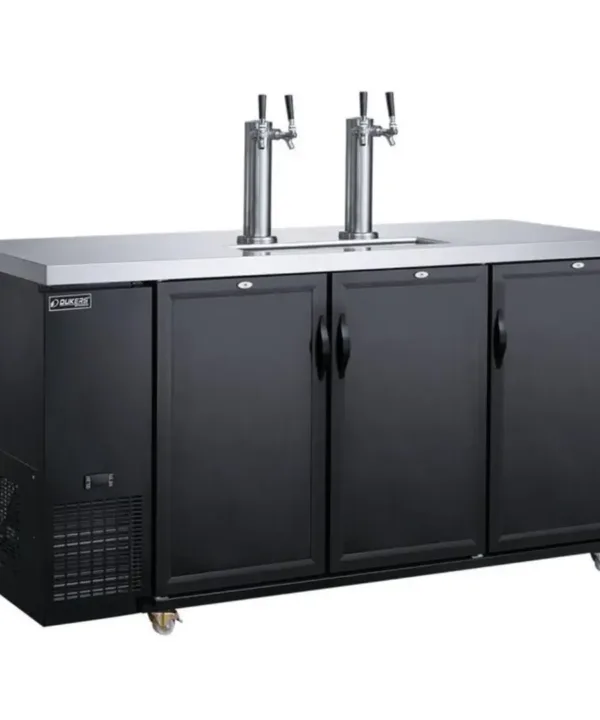 Dukers DKB72-M3 kegerator beer dispenser with dual tap towers and three doors angled view | Restaurant Headquarters