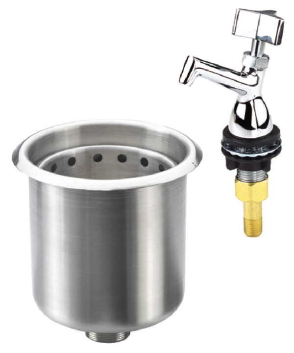 Krowne 16-149 drop-in dipper well in stainless steel with chrome-plated brass faucet, front view