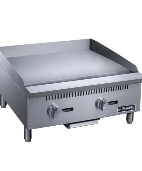 Dukers DCGMA24 24 inch gas griddle with 2 burners stainless steel commercial flat top grill angled view | Restaurant Headquarters