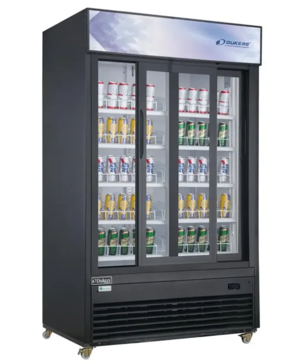 Dukers DSM-40SR 2-door glass sliding merchandiser refrigerator in black, front view