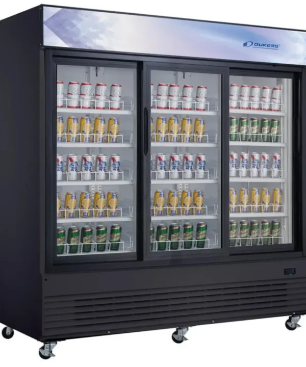 Dukers DSM-68SR commercial display refrigerator with 3 sliding glass doors and LED beverage display | Restaurant Headquarters