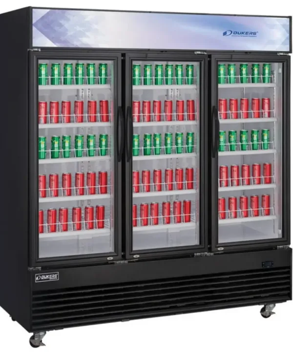 Dukers DSM-69R 3-door glass merchandiser refrigerator in black, angled front view