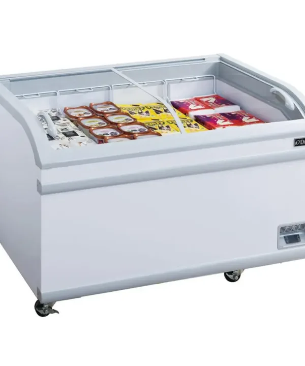 Dukers WD-500Y commercial chest freezer with curved sliding glass lids and large capacity for frozen food display | Restaurant Headquarters