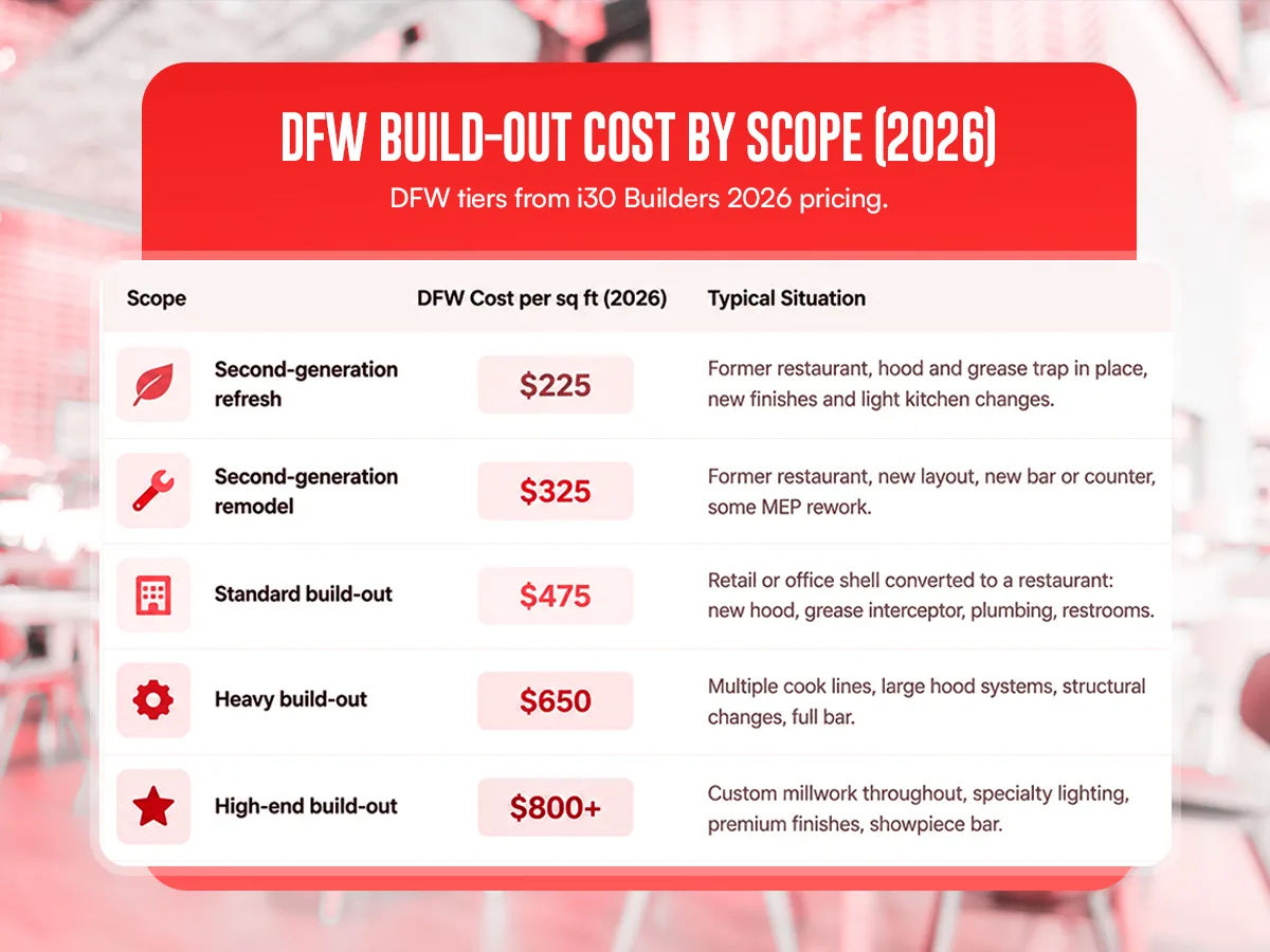 Table of Dallas-Fort Worth restaurant build-out cost per square foot in 2026, from $225 for a second-generation refresh to $800 and up for high-end work